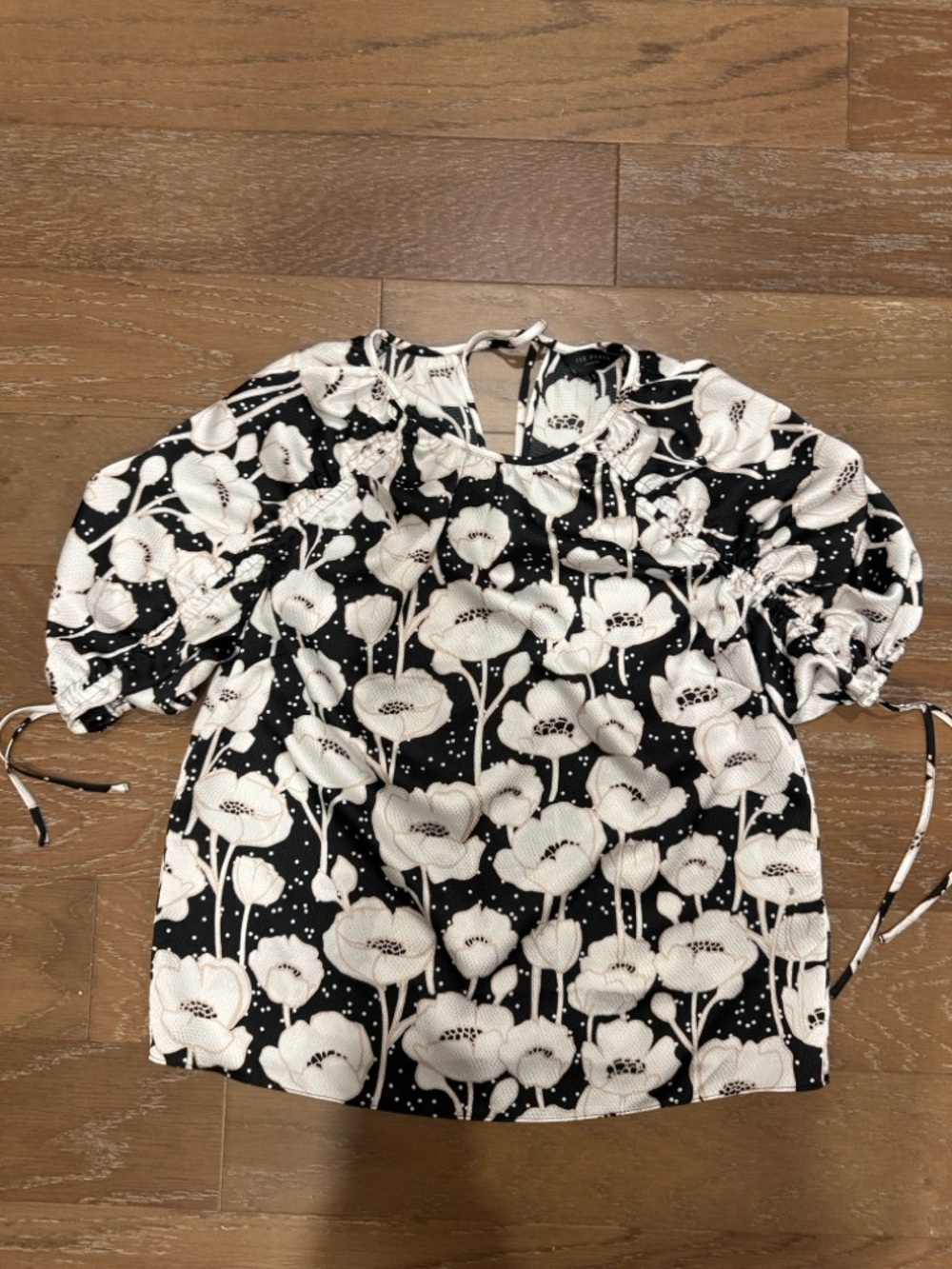 Ted Baker Black and White Floral Puff-Sleeve Blouse